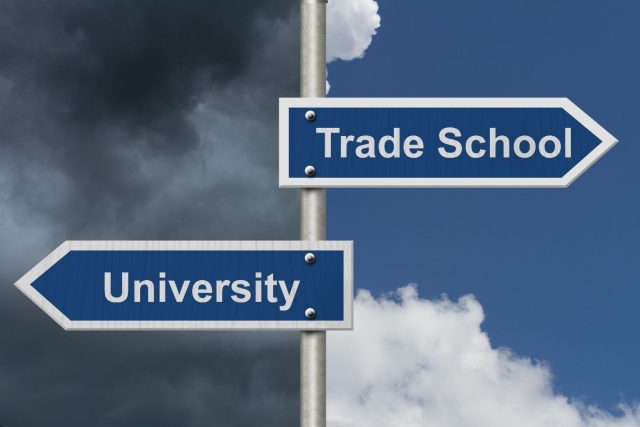 Trade school arrow sign and university arrow sign